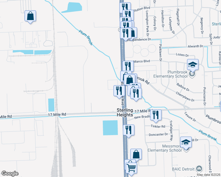 map of restaurants, bars, coffee shops, grocery stores, and more near 39417 Van Dyke Avenue in Sterling Heights