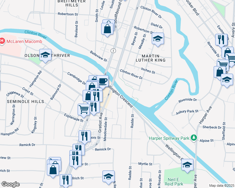 map of restaurants, bars, coffee shops, grocery stores, and more near 23128 Wellington Crescent in Charter Township of Clinton