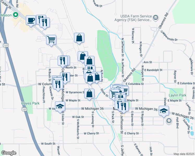 map of restaurants, bars, coffee shops, grocery stores, and more near 321 Center Street in Mason