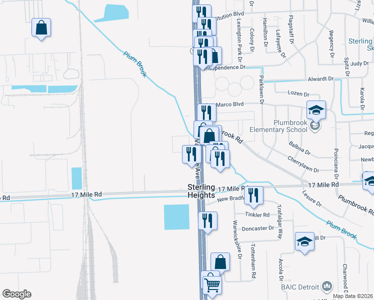 map of restaurants, bars, coffee shops, grocery stores, and more near 39417 Van Dyke Avenue in Sterling Heights