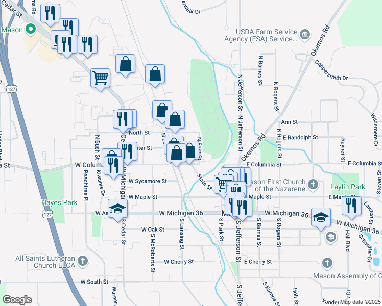 map of restaurants, bars, coffee shops, grocery stores, and more near 321 Center Street in Mason