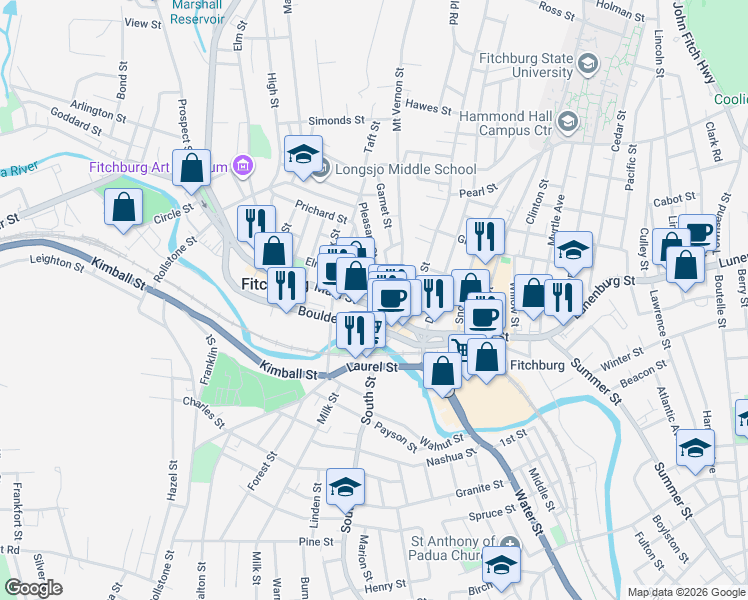 map of restaurants, bars, coffee shops, grocery stores, and more near 409 Main Street in Fitchburg