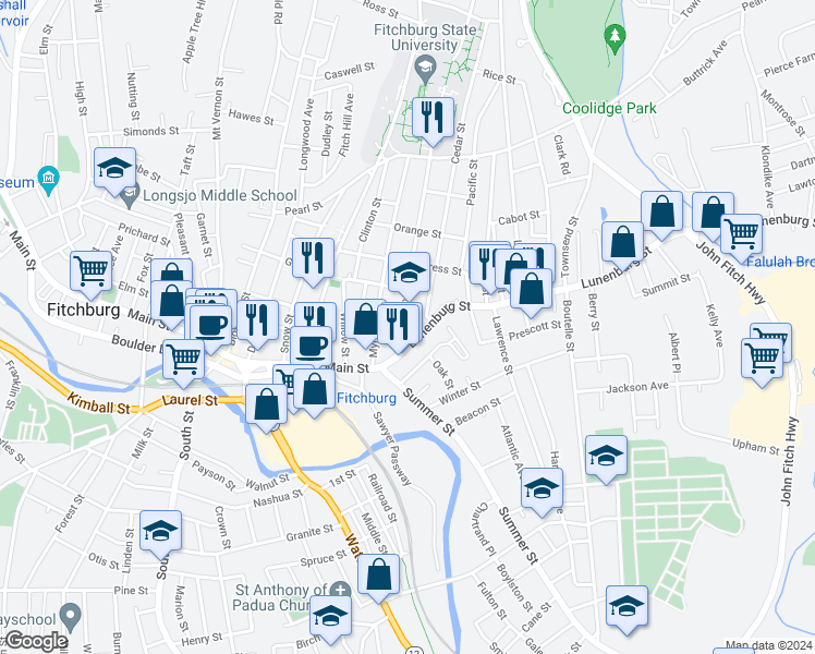 map of restaurants, bars, coffee shops, grocery stores, and more near 33 Highland Avenue in Fitchburg