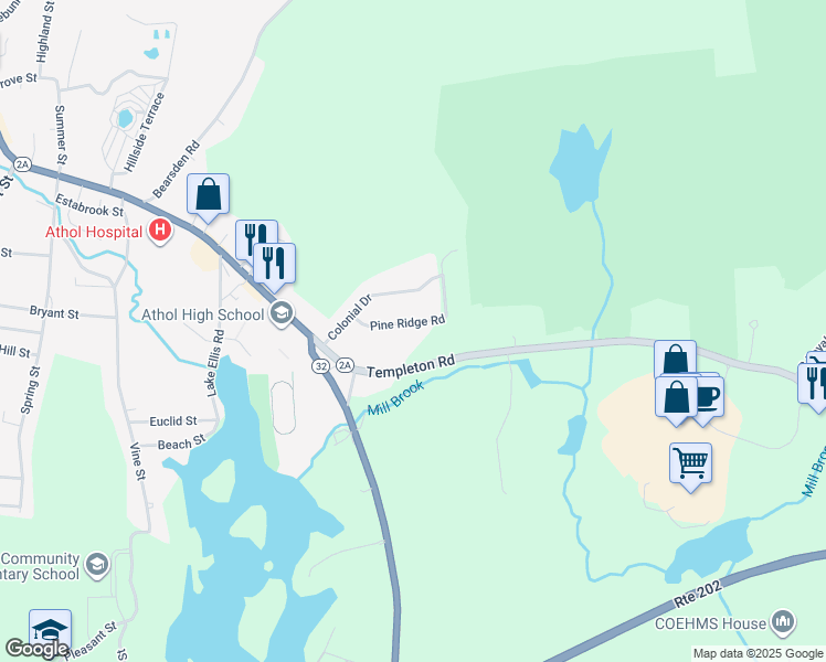 map of restaurants, bars, coffee shops, grocery stores, and more near 110 Lakewood Drive in Athol