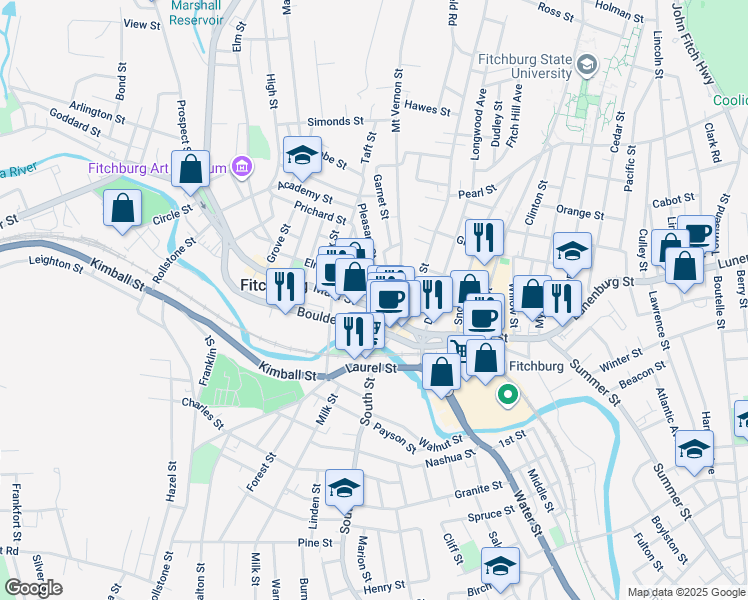 map of restaurants, bars, coffee shops, grocery stores, and more near 4 Prichard Street in Fitchburg