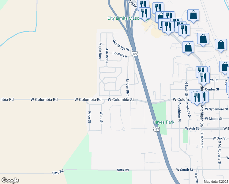 map of restaurants, bars, coffee shops, grocery stores, and more near 466 Shade Tree Trail in Mason