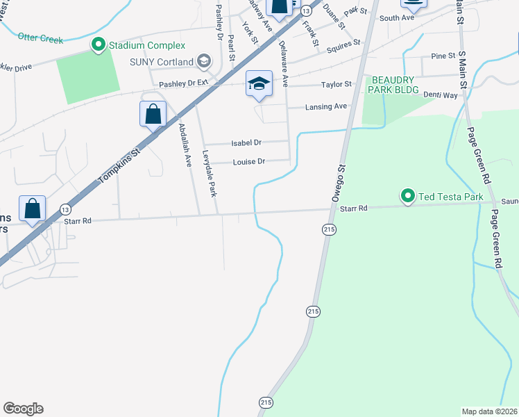 map of restaurants, bars, coffee shops, grocery stores, and more near 1253 Starr Road in Cortland