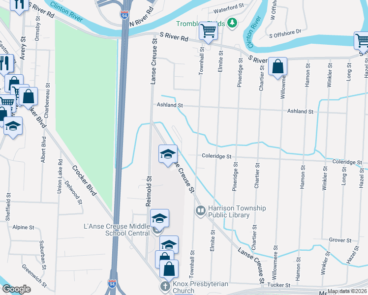 map of restaurants, bars, coffee shops, grocery stores, and more near 38500 Lanse Creuse Street in Harrison Township