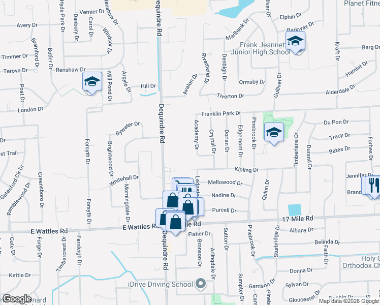 map of restaurants, bars, coffee shops, grocery stores, and more near 39660 Academy Drive in Sterling Heights
