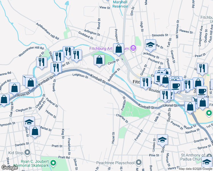 map of restaurants, bars, coffee shops, grocery stores, and more near 249 Kimball Street in Fitchburg