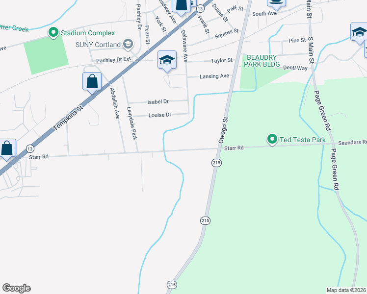 map of restaurants, bars, coffee shops, grocery stores, and more near 1275 Starr Road in Cortland