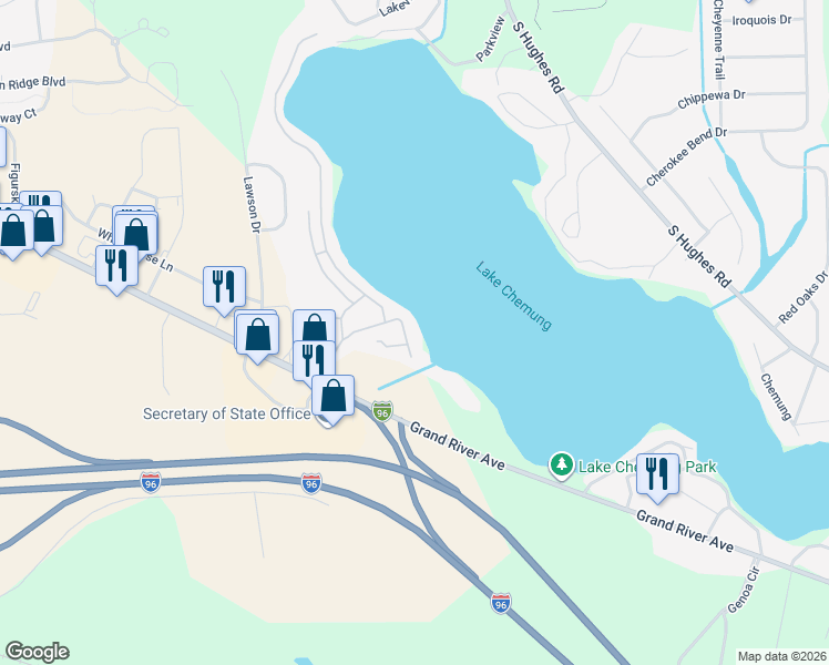 map of restaurants, bars, coffee shops, grocery stores, and more near 1205 Sunrise Park Street in Howell