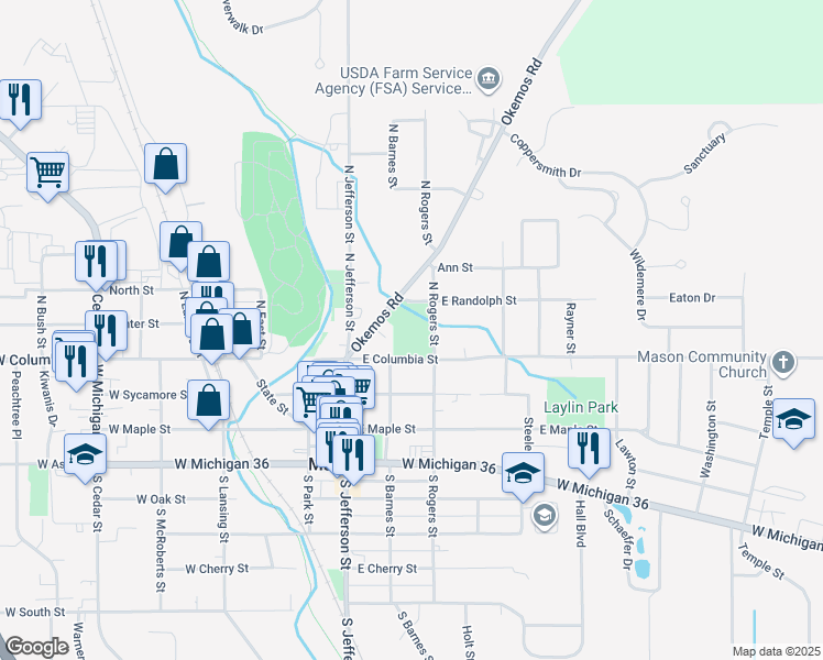 map of restaurants, bars, coffee shops, grocery stores, and more near 111 North Rogers Street in Mason