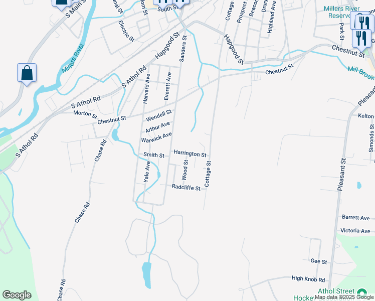 map of restaurants, bars, coffee shops, grocery stores, and more near 40 Harrington Street in Athol