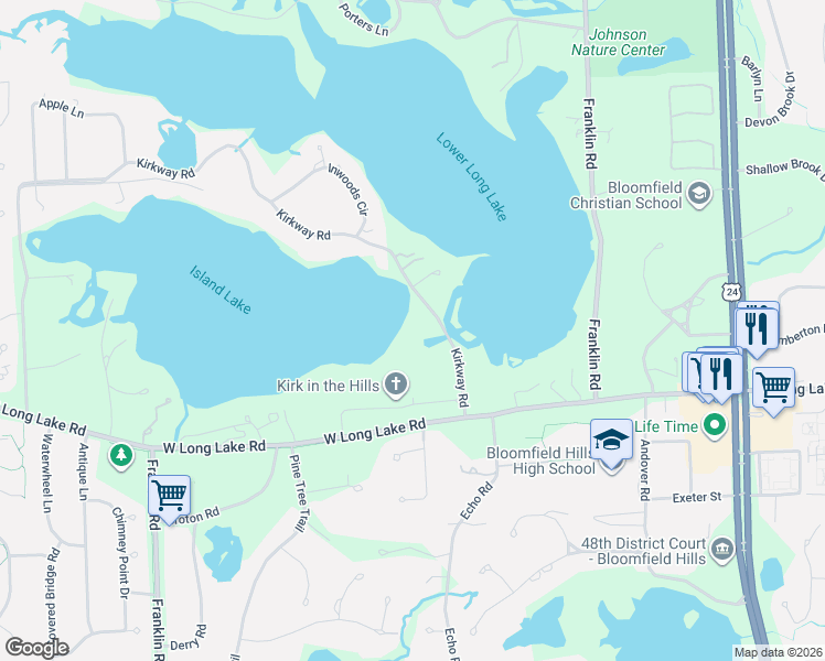 map of restaurants, bars, coffee shops, grocery stores, and more near 1351 Kirkway Road in Bloomfield Township