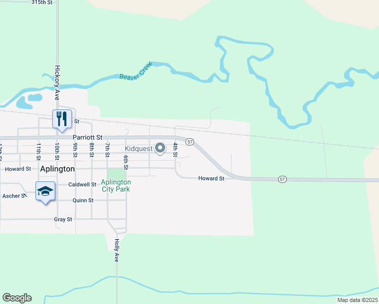 map of restaurants, bars, coffee shops, grocery stores, and more near 343 Parriott Street in Aplington