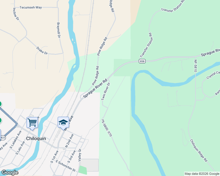 map of restaurants, bars, coffee shops, grocery stores, and more near 39530 Spring Trail Court in Chiloquin