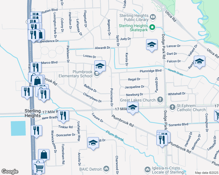 map of restaurants, bars, coffee shops, grocery stores, and more near 39311 Poinciana Drive in Sterling Heights