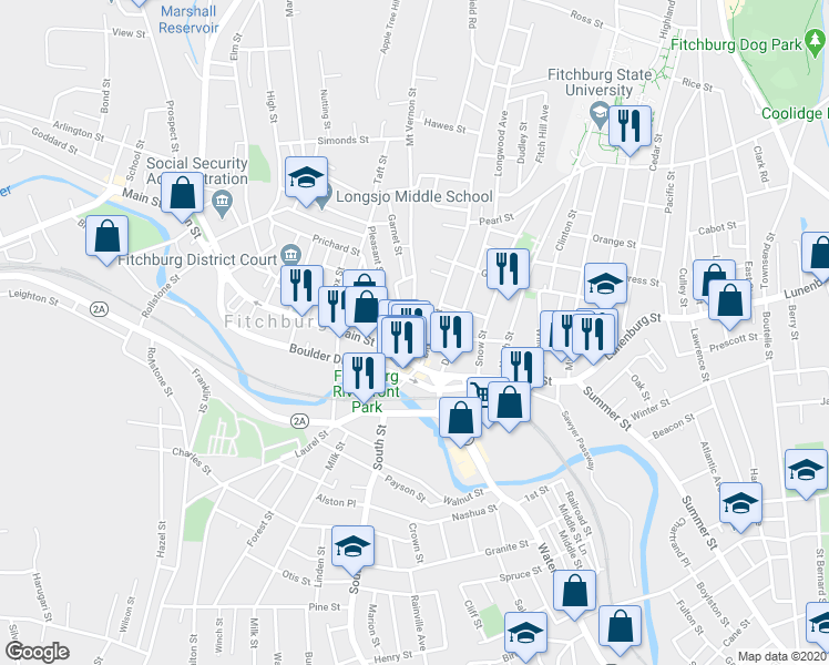 map of restaurants, bars, coffee shops, grocery stores, and more near in Fitchburg
