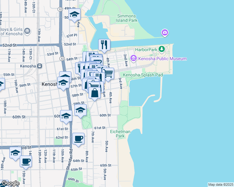 map of restaurants, bars, coffee shops, grocery stores, and more near 5801 3rd Avenue in Kenosha