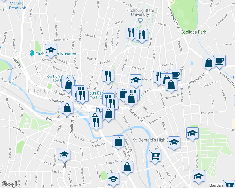 map of restaurants, bars, coffee shops, grocery stores, and more near 99 Morris Street in Fitchburg