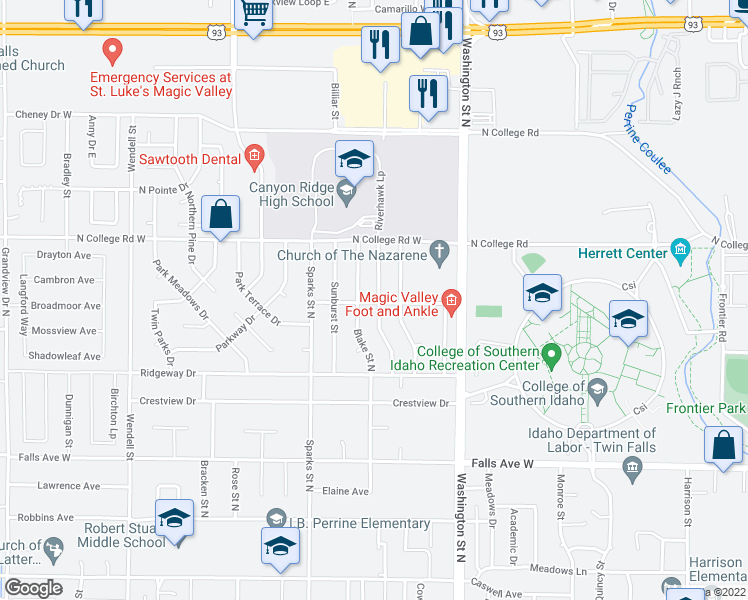 map of restaurants, bars, coffee shops, grocery stores, and more near 1201 Starfire Street in Twin Falls