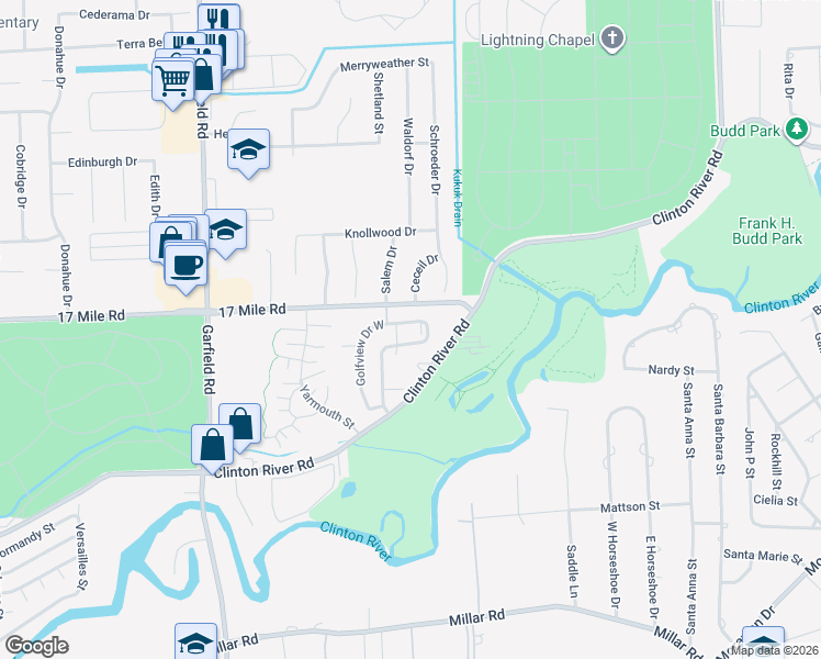 map of restaurants, bars, coffee shops, grocery stores, and more near 38836 Golfview Drive East in Clinton Township