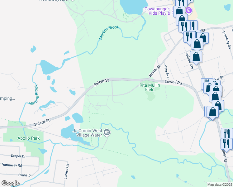 map of restaurants, bars, coffee shops, grocery stores, and more near 104 Lowell Road in North Reading