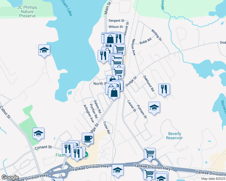 map of restaurants, bars, coffee shops, grocery stores, and more near 23 Pershing Avenue in Beverly