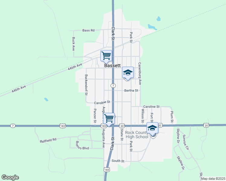 map of restaurants, bars, coffee shops, grocery stores, and more near 105 West Bertha Street in Bassett