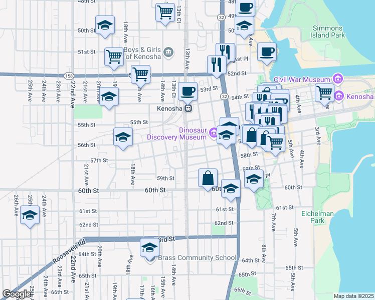 map of restaurants, bars, coffee shops, grocery stores, and more near 5699 13th Avenue in Kenosha