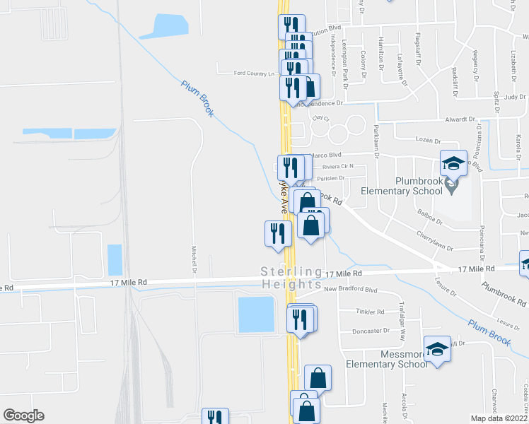 map of restaurants, bars, coffee shops, grocery stores, and more near 39417 Van Dyke Avenue in Sterling Heights