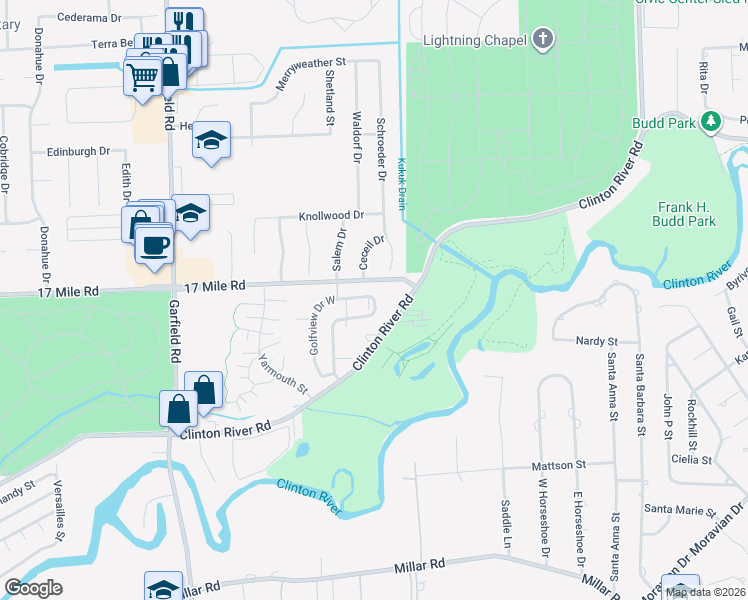 map of restaurants, bars, coffee shops, grocery stores, and more near 38836 Golfview Drive East in Clinton Township