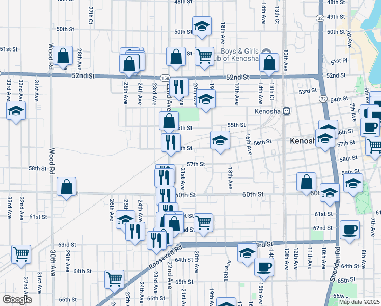 map of restaurants, bars, coffee shops, grocery stores, and more near 2011 56th Street in Kenosha