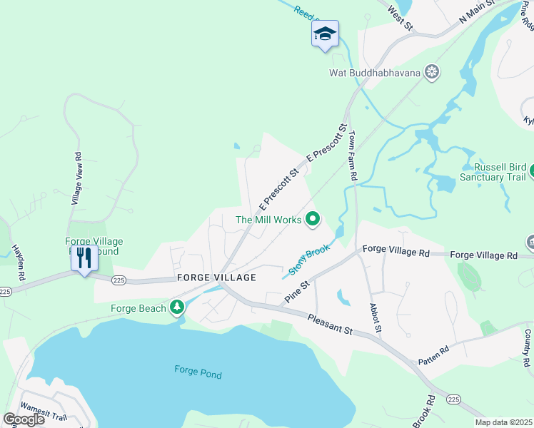 map of restaurants, bars, coffee shops, grocery stores, and more near 38 East Prescott Street in Westford