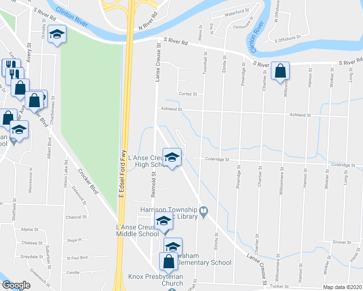 map of restaurants, bars, coffee shops, grocery stores, and more near 38500 Lanse Creuse Street in Harrison Township