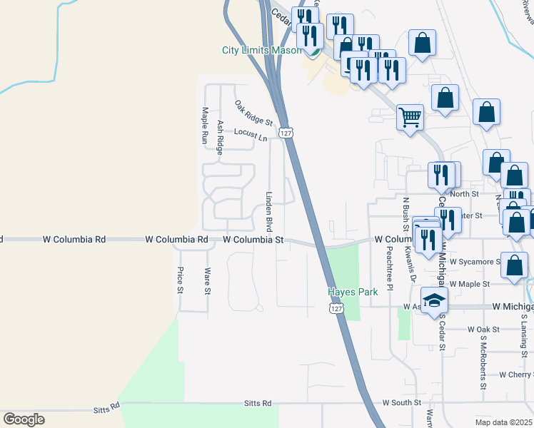 map of restaurants, bars, coffee shops, grocery stores, and more near 149 Linden Boulevard in Mason