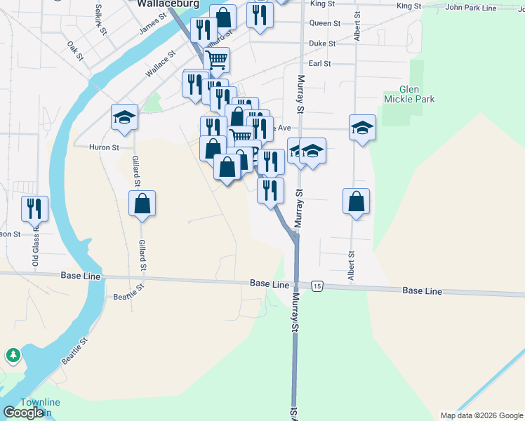 map of restaurants, bars, coffee shops, grocery stores, and more near 76 McNaughton Avenue in Wallaceburg