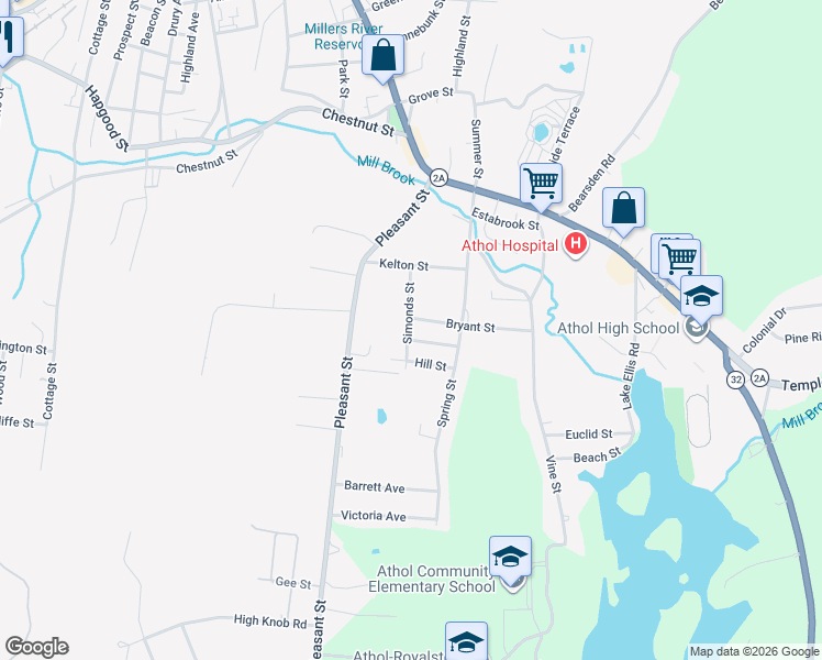 map of restaurants, bars, coffee shops, grocery stores, and more near 51 Bryant Street in Athol