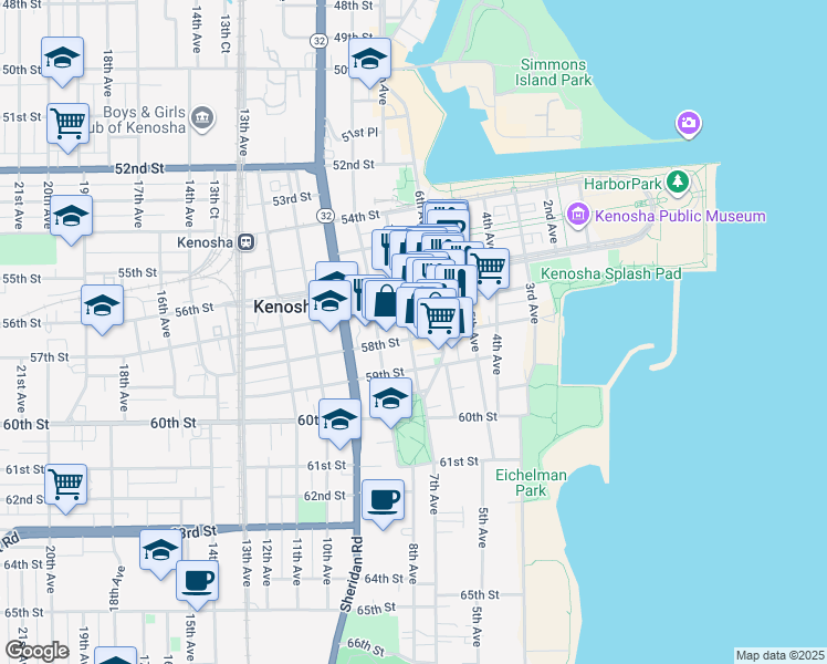 map of restaurants, bars, coffee shops, grocery stores, and more near 618 58th Street in Kenosha