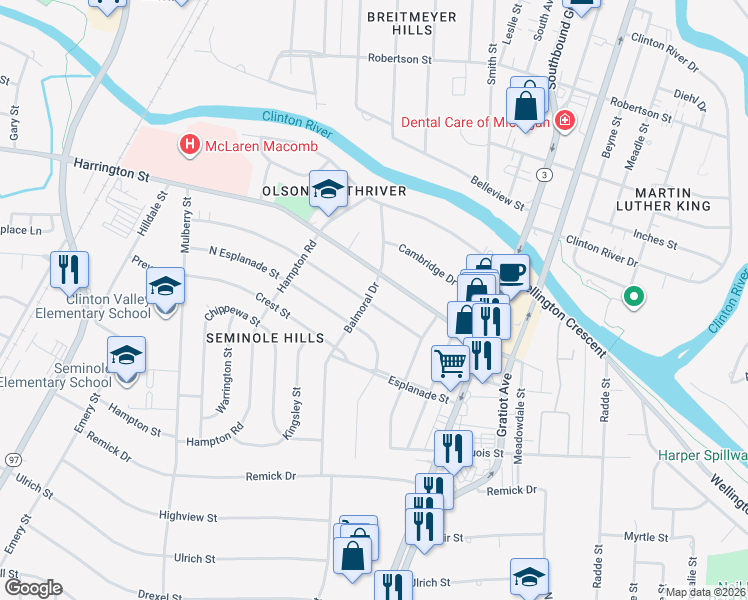map of restaurants, bars, coffee shops, grocery stores, and more near 434 Huntington Street in Mount Clemens
