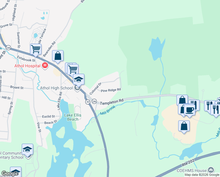 map of restaurants, bars, coffee shops, grocery stores, and more near 110 Lakewood Drive in Athol