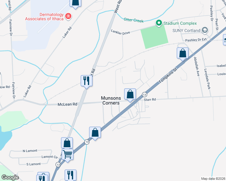 map of restaurants, bars, coffee shops, grocery stores, and more near 3651 Allen Dr in Cortland