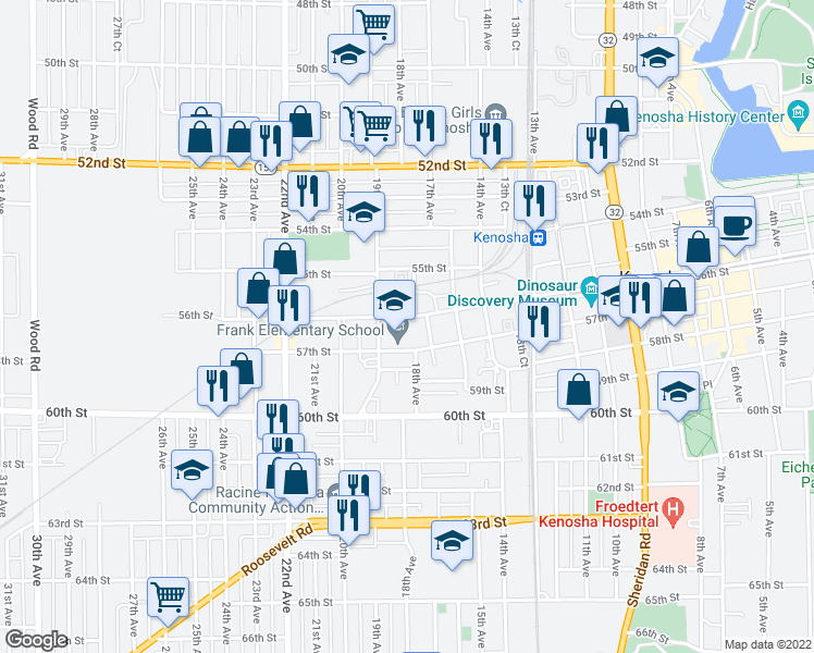 map of restaurants, bars, coffee shops, grocery stores, and more near 11 56th Street in Kenosha