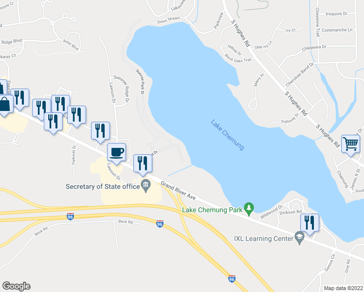 map of restaurants, bars, coffee shops, grocery stores, and more near 1205 Sunrise Park Street in Howell
