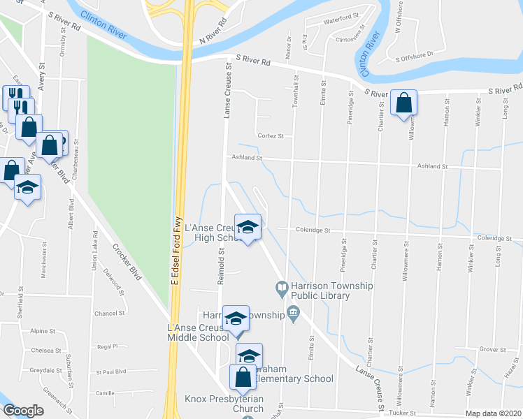 map of restaurants, bars, coffee shops, grocery stores, and more near 38500 Lanse Creuse St in Harrison Township
