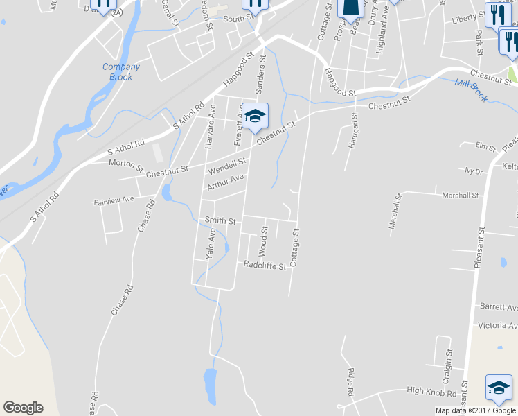 map of restaurants, bars, coffee shops, grocery stores, and more near 40 Harrington Street in Athol