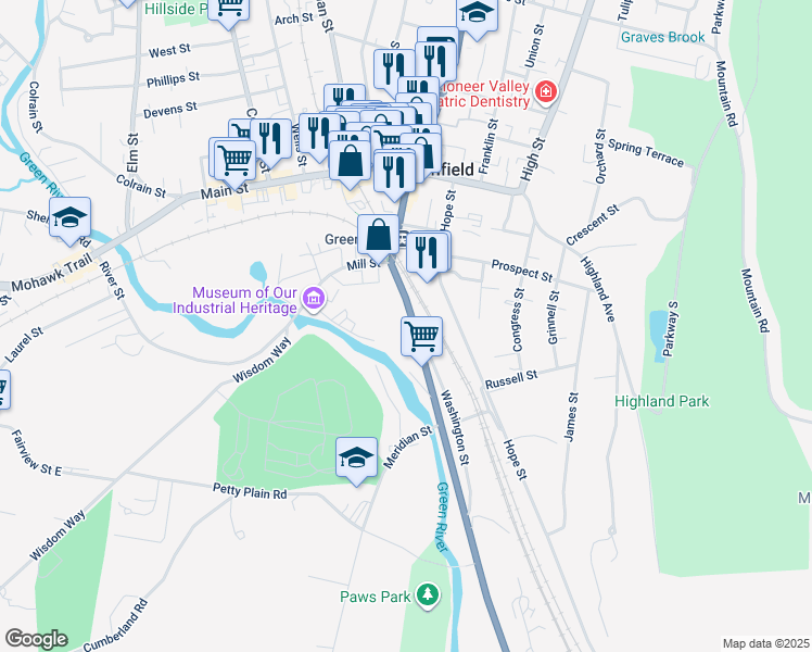 map of restaurants, bars, coffee shops, grocery stores, and more near 76 Deerfield Street in Greenfield