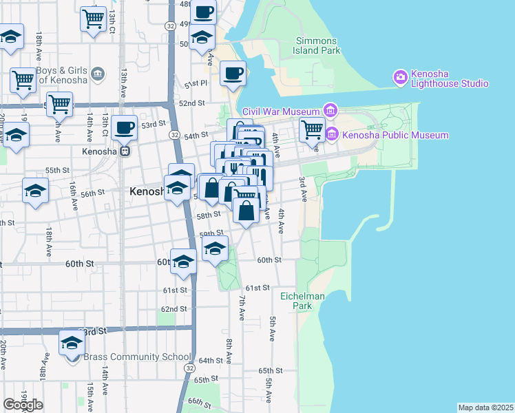 map of restaurants, bars, coffee shops, grocery stores, and more near 508 58th St in Kenosha