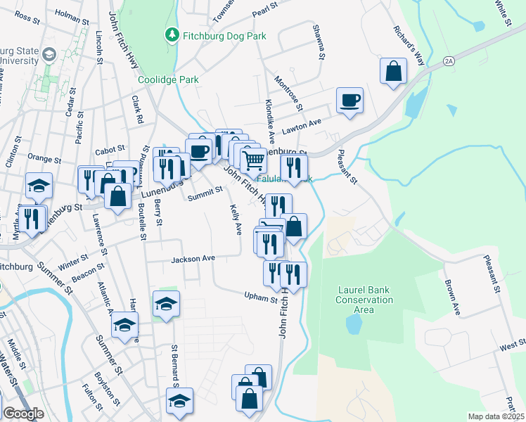 map of restaurants, bars, coffee shops, grocery stores, and more near 483 John Fitch Highway in Fitchburg